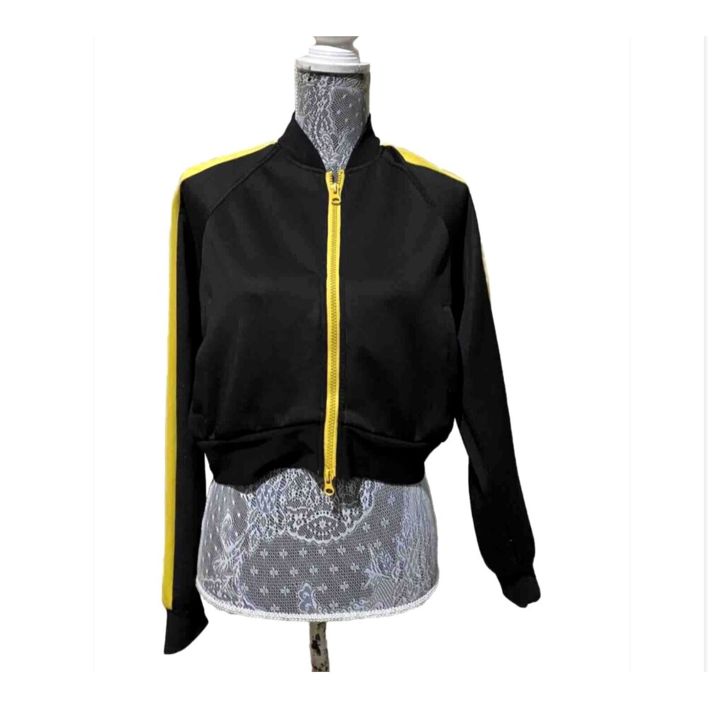 Fashion Nova Black Track Jacket M Striped Sleeve Cropped Zip Up Womens Athletic - Picture 4 of 13